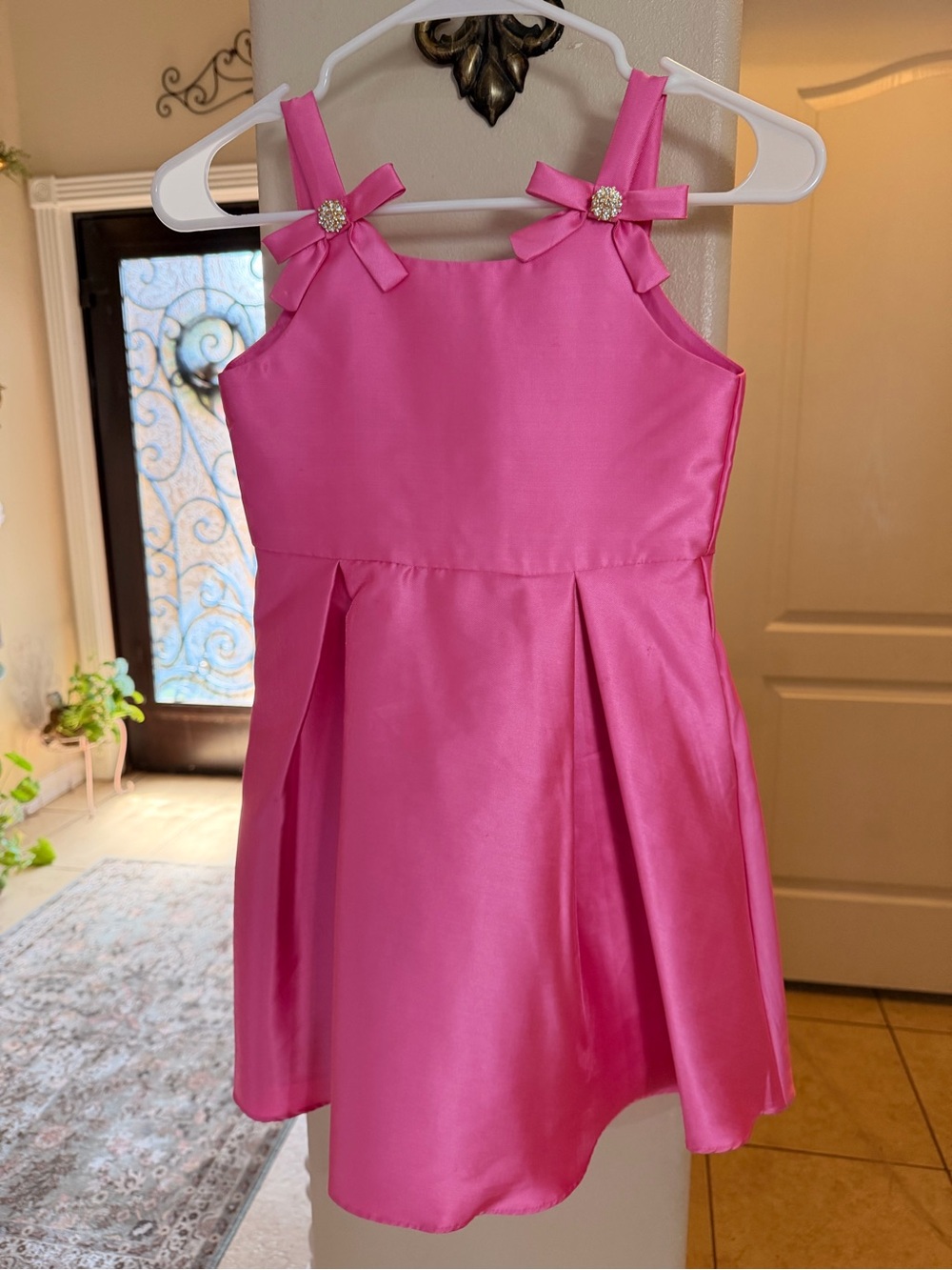 Rare Editions Bright Pink Satin Party Dress with Bow Straps